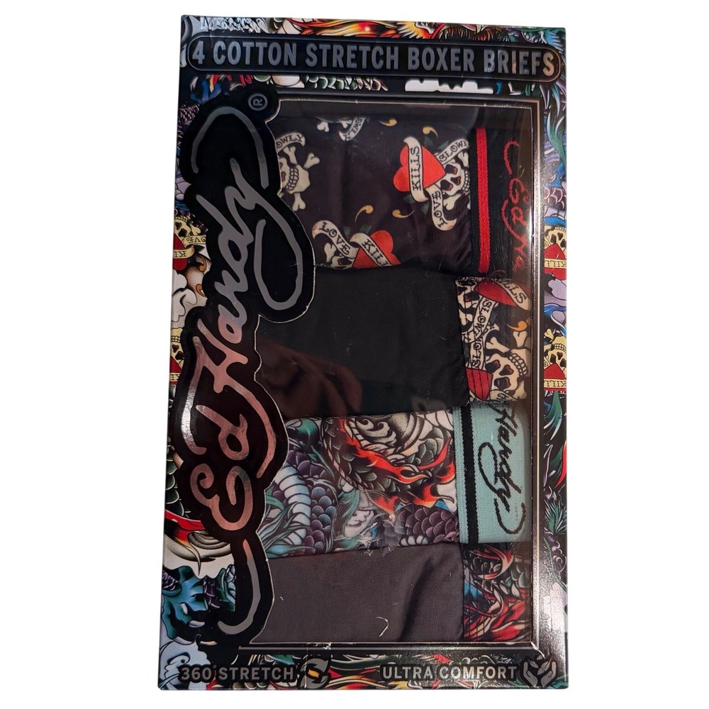 Ed Hardy Cotton Stretch Boxer Briefs 4 Pack (SM 28-30) Soft Skull Dragon Tattoo